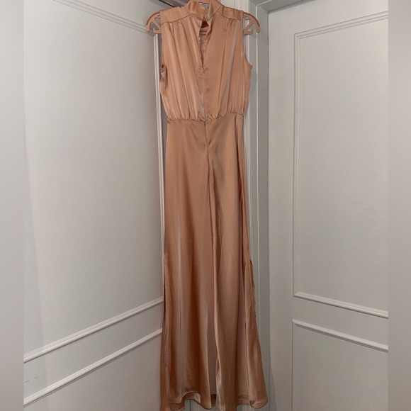 Lulu’s Satin Sleeveless Mock Neck Maxi Dress in Champagne/Blush - Picture 5 of 12